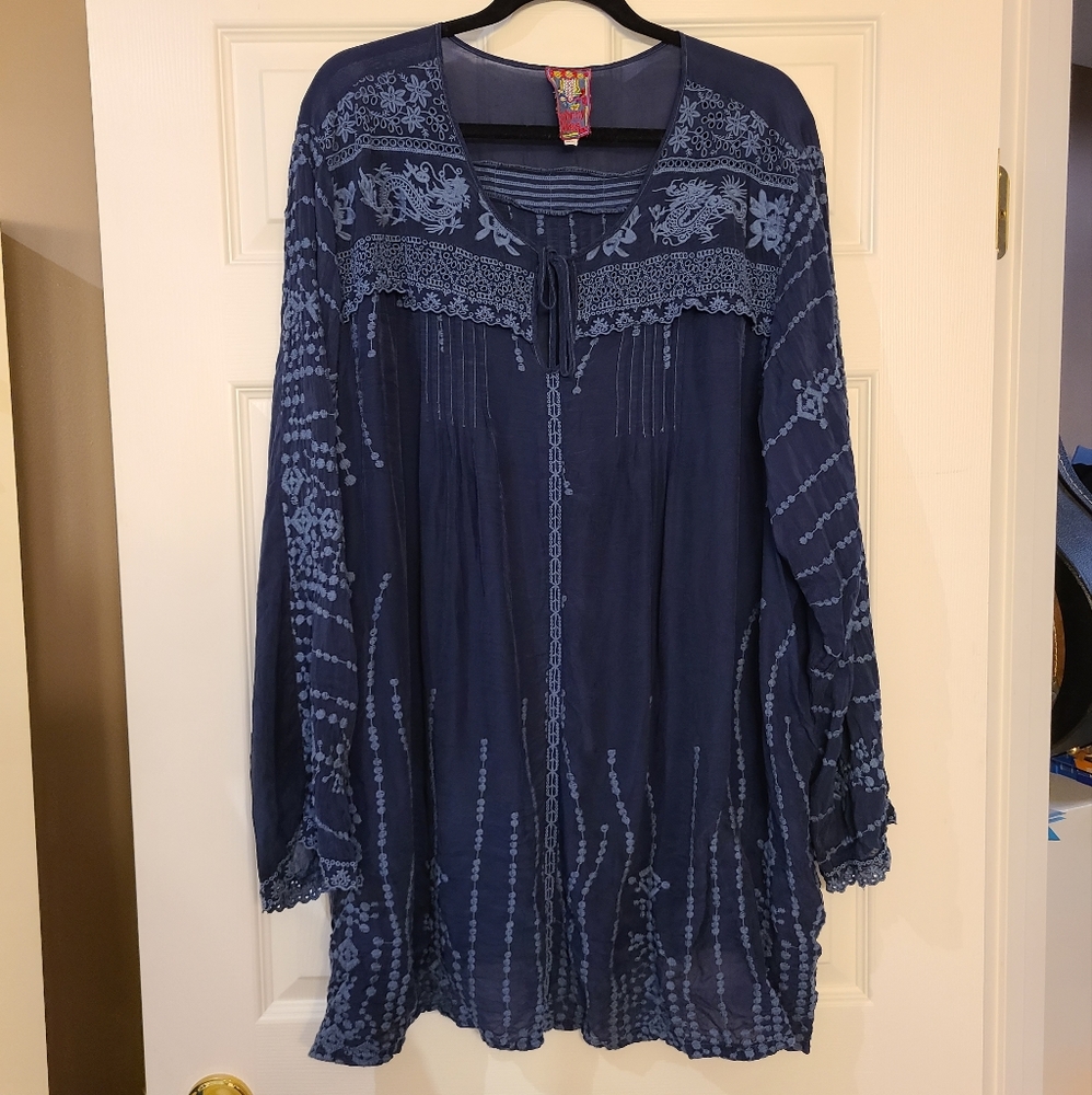 Navy Blue Embroidered Tunic - Johnny Was - 3X